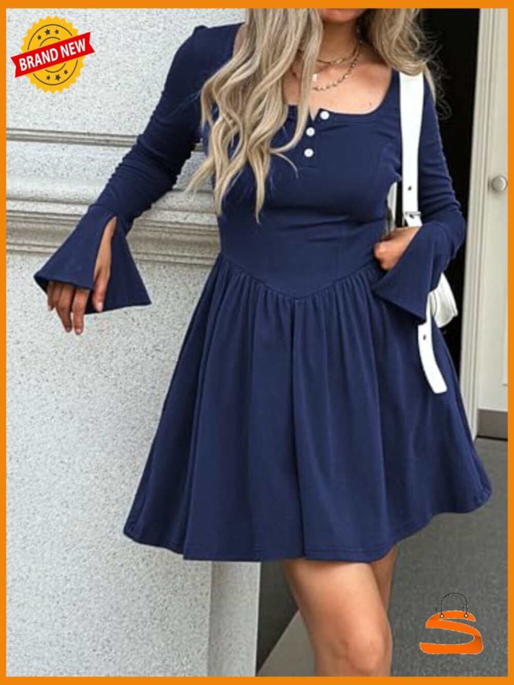 Women's Long Sleeve Mini Dress Square Neck A-Line Pleated with Pockets - Picture 4 of 7